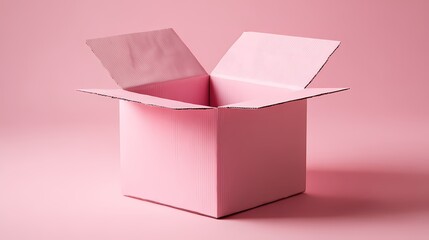 Pink cardboard box sits open against pink background. Concept, packaging, delivery, graphic design.