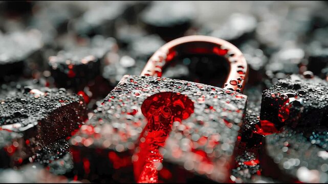 Close-up of a burnt, broken lock glowing with red heat, symbolizing cybersecurity breach and system vulnerability