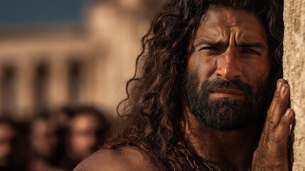 Blind and chained, Samson stands between two massive Philistine temple pillars, muscles straining, teeth gritted in prayer and agony; cracks spread as nobles above remain unaware, golden light casting