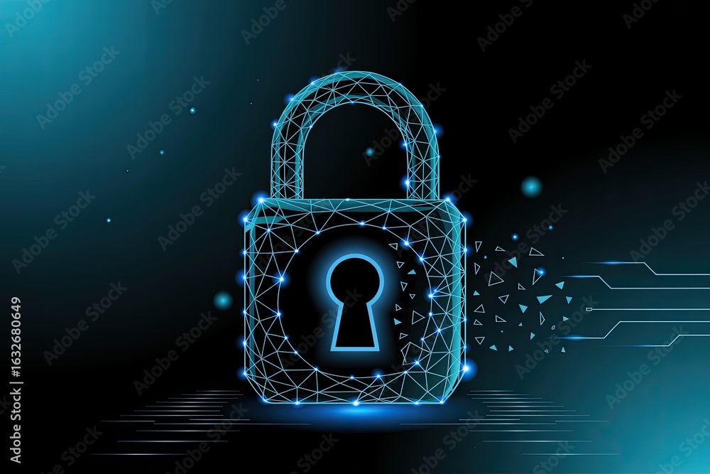Poster digital padlock made of glowing blue geometric shapes and lines representing cybersecurity and data 