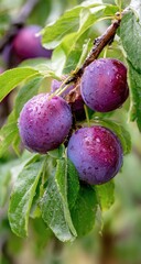Ripe plums on branch, orchard, rain, harvest, food (1)