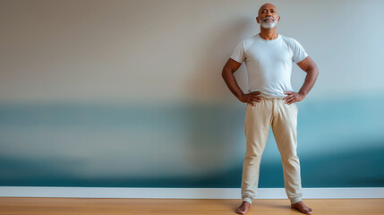 Male model displays stylish clothing with confident posture against a simple background, highlighting the outfit’s fit and details for fashion presentation..