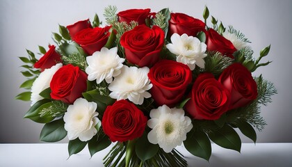 a lavish arrangement of lush red roses white carnations and verdant foliage perfect for a special valentine s day