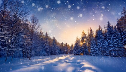 snowflakes fall gently over a winter landscape with glowing lights from trees and soft shadows at dusk in a peaceful forest