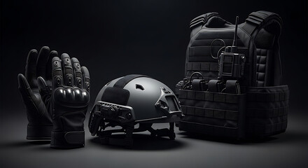 A still life showcasing tactical gear including gloves helmet and vest on a dark background setting ai generated