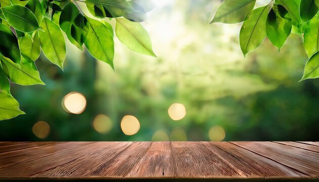 inviting mockup template featuring the rustic wooden table adorned with lush leafy branches set against the backdrop of vibrant forest green bokeh lights perfect for showcasing products in the natur