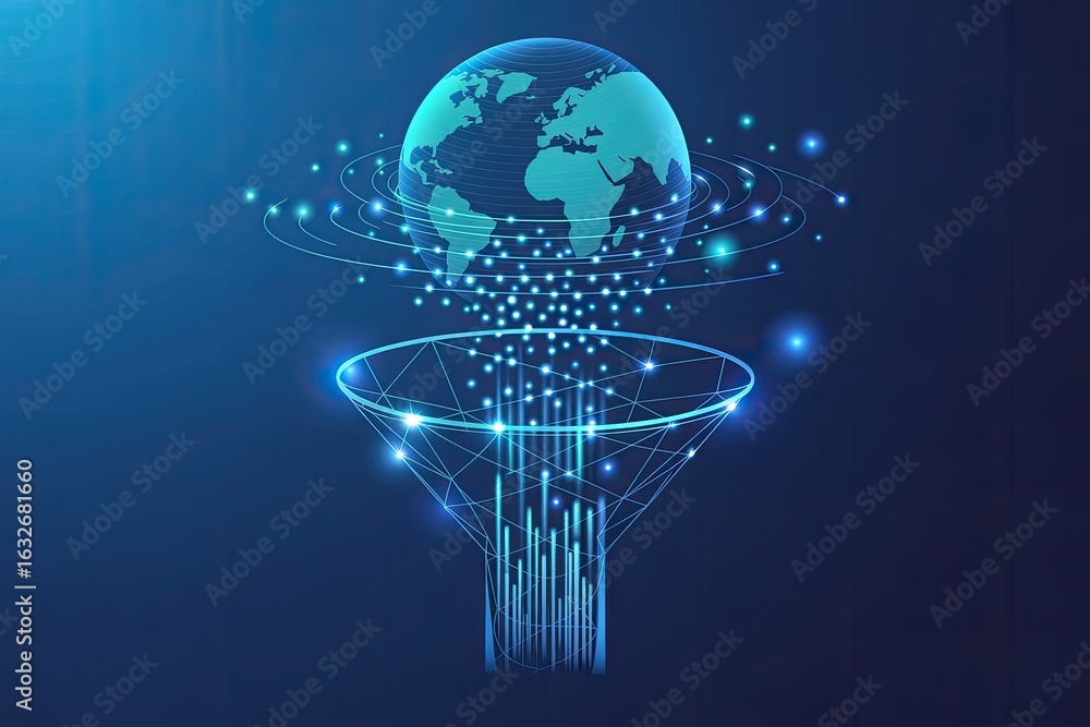 Poster digital transformation of the planet earth with glowing blue data streams flowing into a vortex and 