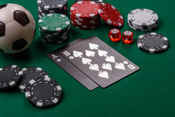 Playing blackjack or baccarat card game in casino with chips, bets and risk. Cards and chips