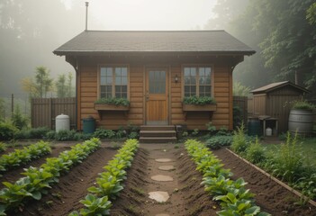 Small wooden off-grid home with garden and rain barrel in misty morning light Generative AI