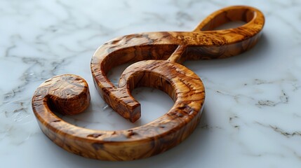 : wooden music note carved and placed on pure white surface, white translucent background