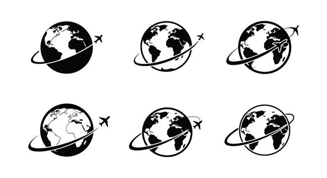 Six stylized globes with airplanes flying around them in a circular motion representing global travel and aviation silhouette. vector design. Silhouette vector design illustration

