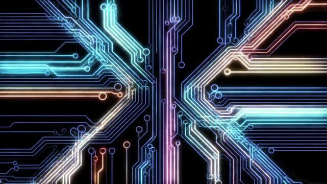Abstract digital circuit design with colorful lines on black background  