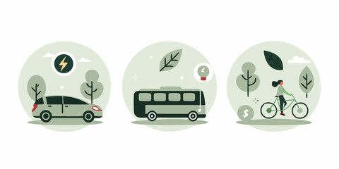 Sustainable transportation options including electric car public bus and cycling for eco friendly travel