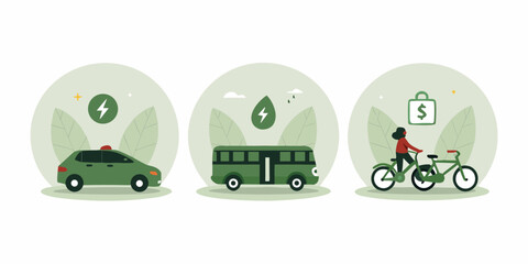 Sustainable transportation options including electric car bus and bicycle with energy symbols