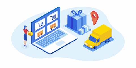 Woman holding package interacting with online shopping interface on laptop with delivery truck and gift boxes