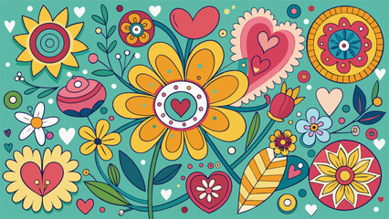 Fototapeta premium Colorful floral and heart illustration in retro style on a turquoise background