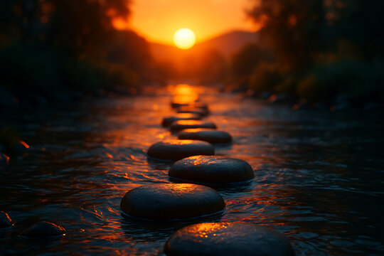 A tranquil path of stepping stones across a calm river at sunset, symbolizing a journey, balance, and finding a peaceful way forward.