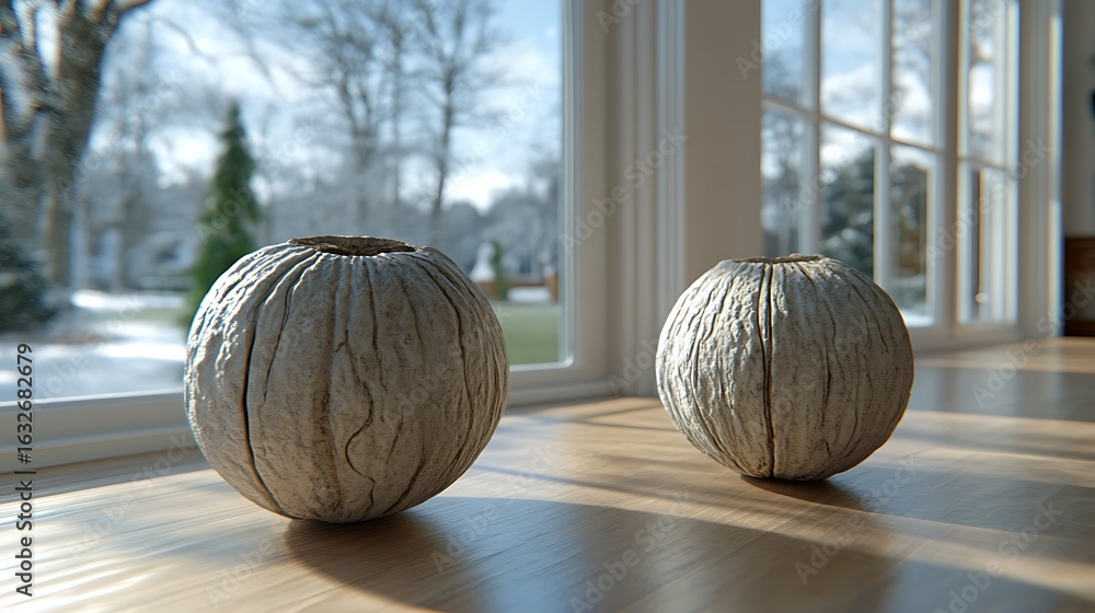 Poster two round decorative objects with textured surfaces.