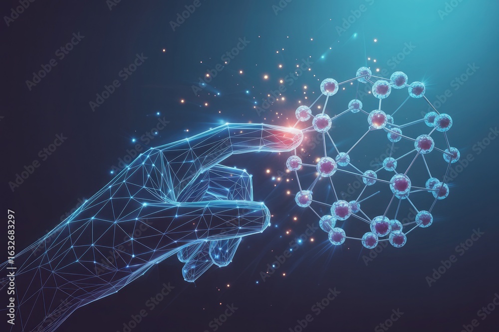 Poster futuristic digital hand interacting with a glowing molecular structure representing advanced technol