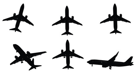 Collection of six distinct airplane silhouettes viewed from above and side. vector design. Silhouette vector design illustration
