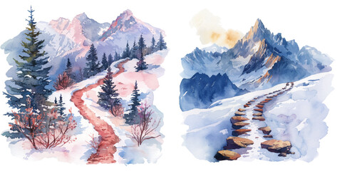 snowy mountain trail watercolor vector illustration © Dar