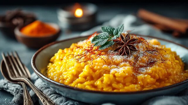 A vibrant bowl of saffron risotto, a delicious and flavorful Italian dish.