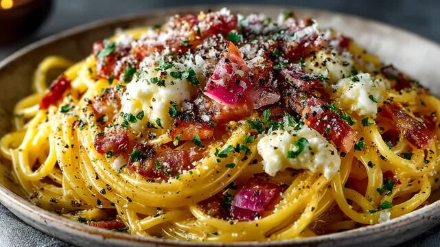 A tempting plate of spaghetti carbonara, showcasing rich flavors and textures.