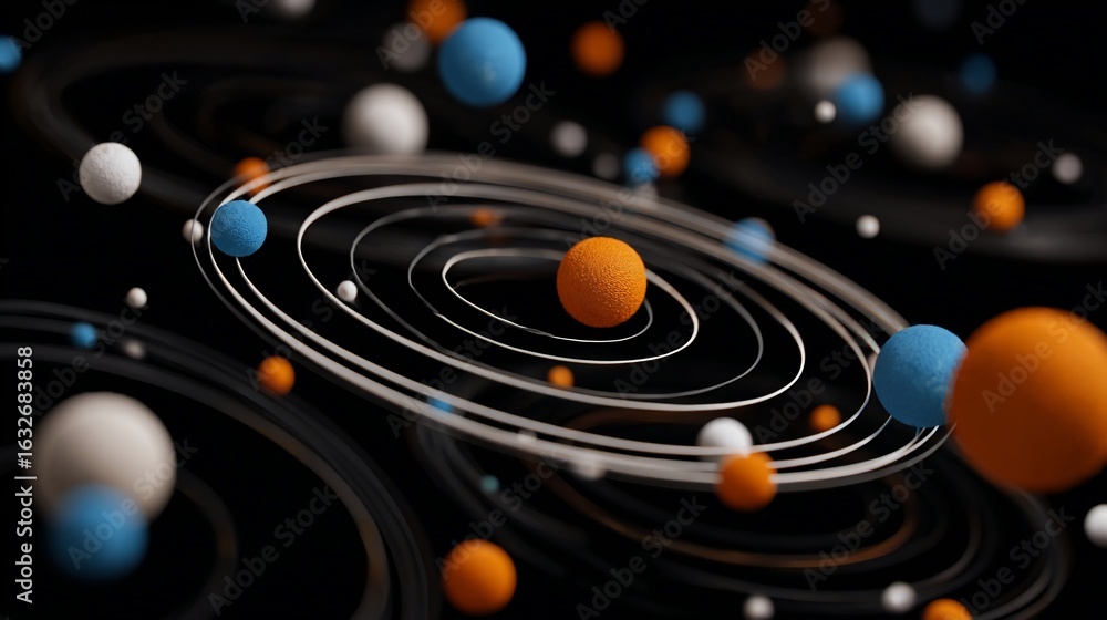 Poster abstract cosmic scene with orbiting spheres. multiple colored spheres orbit in concentric rings agai