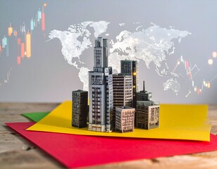 Modern cityscape with skyscrapers representing global finance and economic growth, overlaid with a world map and stock market charts
