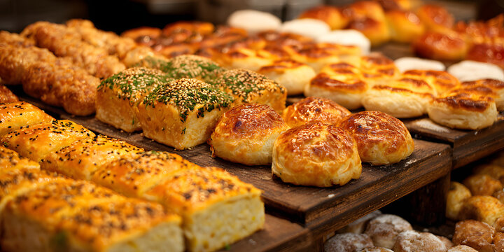 Assorted Turkish pastry products displayed at a bakery showcase, featuring traditional Turkish pastries like pogaca, borek, acma, and ay coregi, highlighting the rich Turkish pastry culture.