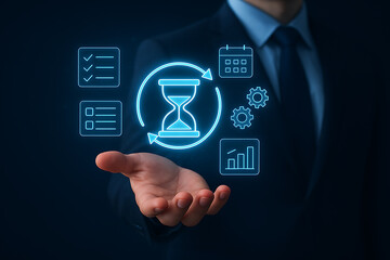 Concept of productivity and project management with a virtual dashboard showing hourglass, calendar, and task list icons for efficient workflow.