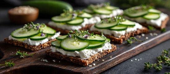 Crisp bread topped with creamy curd cheese and fresh cucumber slices garnished with herbs arranged on a dark wooden board.
