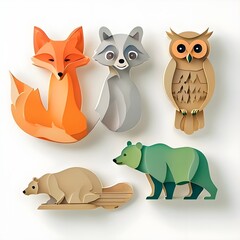 Naklejka premium Adorable Paper Cutout Forest Animals Featuring Fox, Raccoon, Owl, and Bears on a White Background