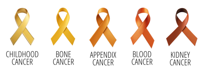 3D cancer awareness ribbons for childhood, bone, appendix, blood, and kidney cancer support, isolated on transparent background