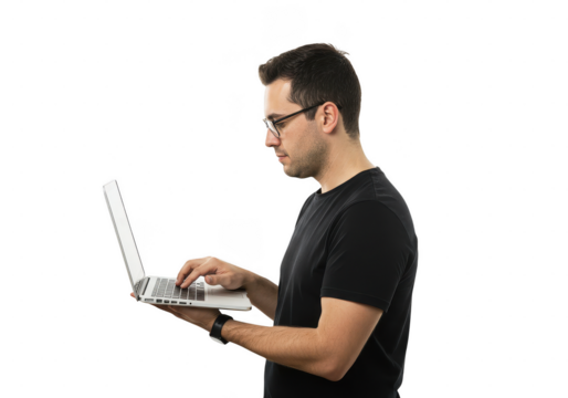 A man with glasses using a laptop while standing in a dark environment with focused expression on transparent background