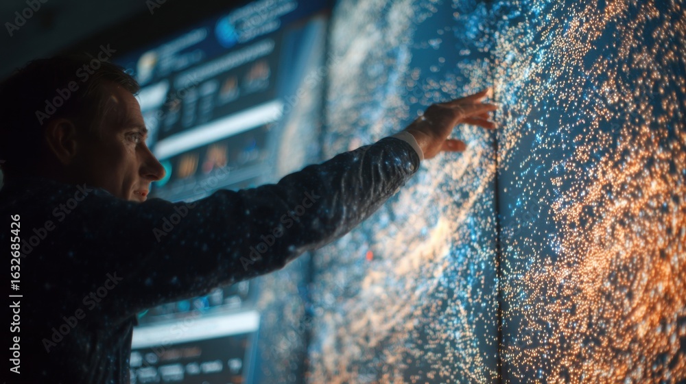 Poster a focused image of a supply chain manager pointing at a large screen displaying climate risk scenari