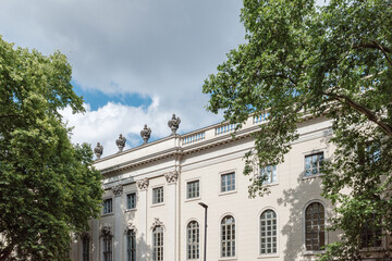 The neoclassical facade of the main building of Humboldt University in Berlin, Germany.