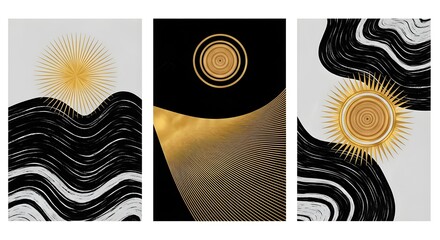 Abstract gold sun art print canvas painting black and white wall pictures for living room decor