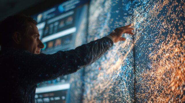 A focused image of a supply chain manager pointing at a large screen displaying climate risk scenarios with urgent data updates and risk assessments.
