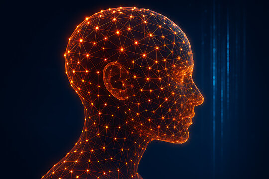 Digital human head with glowing network mesh and orange lights, artificial intelligence and technology concept