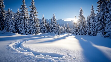 Obraz premium Snowy forest scene with sunbeams piercing through the trees.