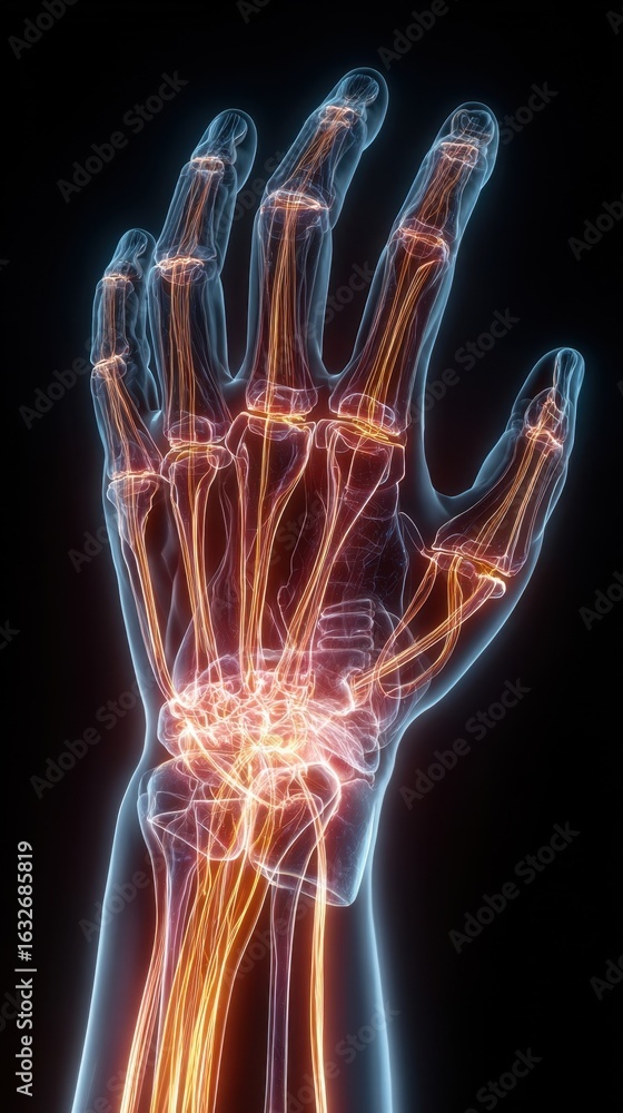 Poster dynamic glowing lines overlay on a skeletal hand model accentuating irritated tendon pathways charac