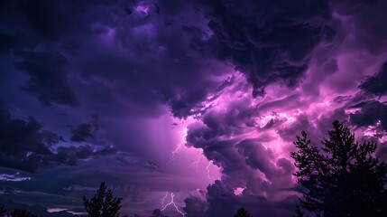 Obraz premium Dramatic Sky Illuminated by Powerful Lightning Strikes Amidst Moody Purple Clouds