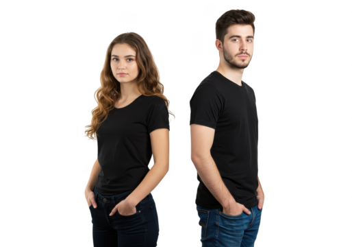 A girl and a guy posing back to back wearing similar outfits with hands in pockets looking forward on transparent background - Powered by Adobe