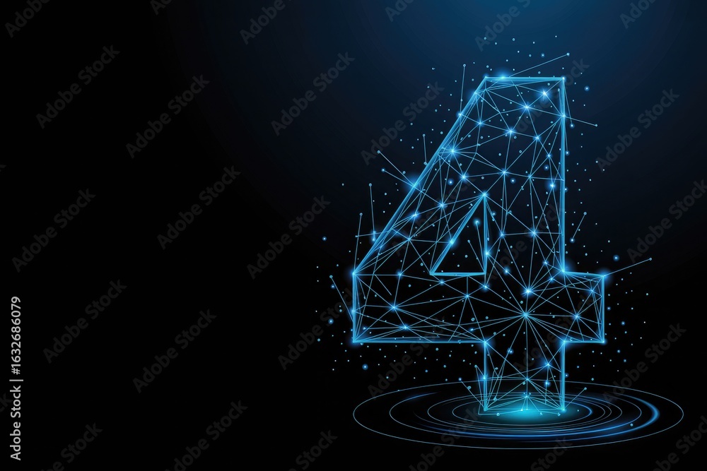 Poster glowing futuristic digital number four formed by interconnected lines and glowing particles on a dar