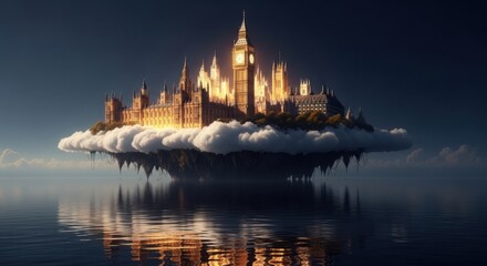 Fototapeta premium Majestic Floating City Bathed in Golden Light Above Reflecting Ocean