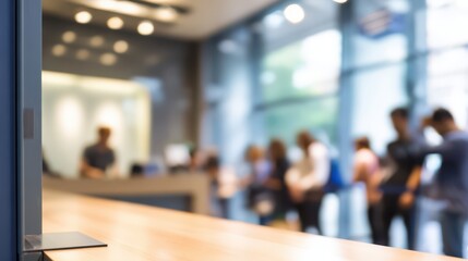 Blurred background of a modern bank counter with people waiting in line for service