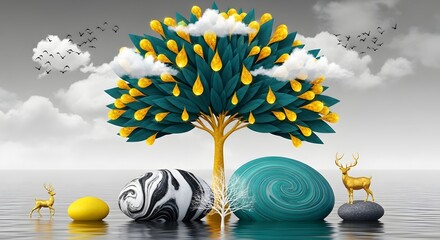 Abstract tree deer art painting landscape wallpaper modern design illustration background scene