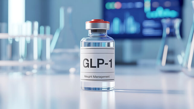  Clear glass vial showcases GLP-1 label, symbolizing modern weight, Glass Vial of In Injection Solution on white Background. Medication vaccine, Single Glass Vaccine Vile, created with generative ai