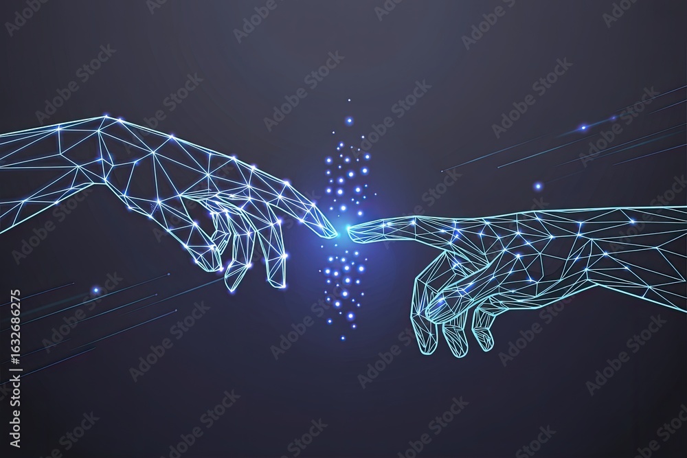 Poster two futuristic digital wireframe hands reaching out to touch creating a bright blue energy spark in 